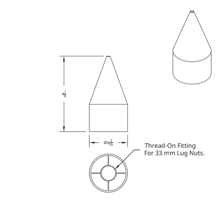 33mm x 4 1/8" Thread-On Matte Black Spike Lug Nut Cover United Pacific 10000B