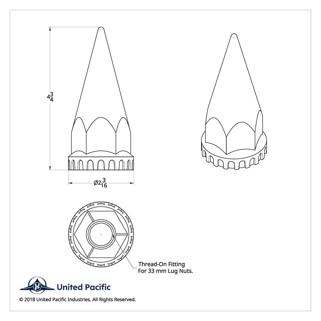 33mm x 4 3/4" Thread-On Matte Black Spike Lug Nut Cover With Flange United Pacific 10548B