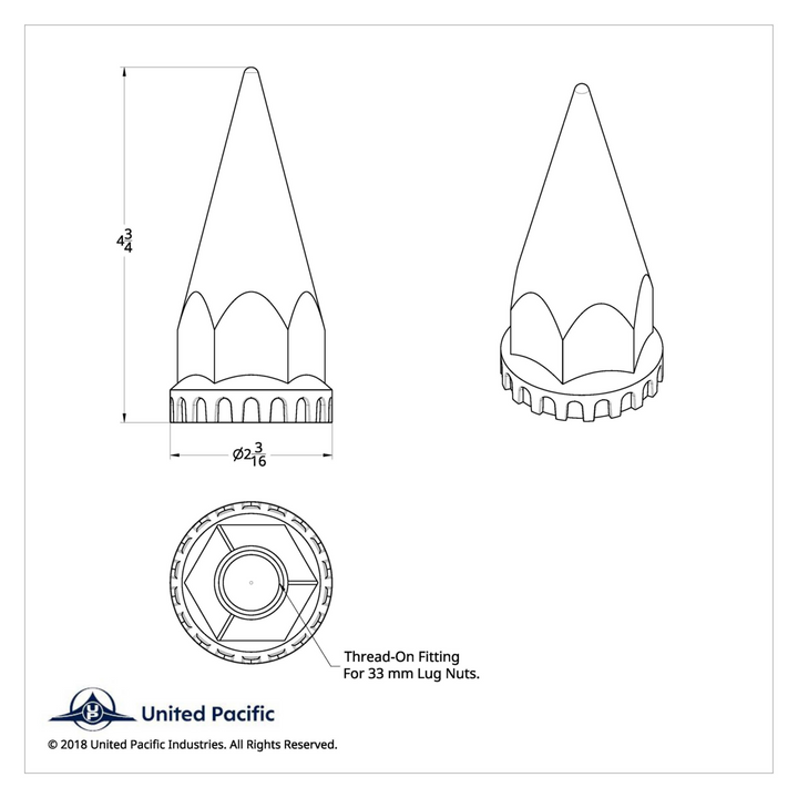 33mm x 4 3/4" Thread-On Matte Black Spike Lug Nut Cover With Flange United Pacific 10548B