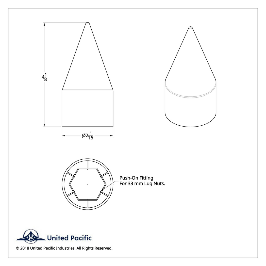 33mm x 4 1/8" Push-On Chrome Spike Lug Nut Cover United Pacific 10566B