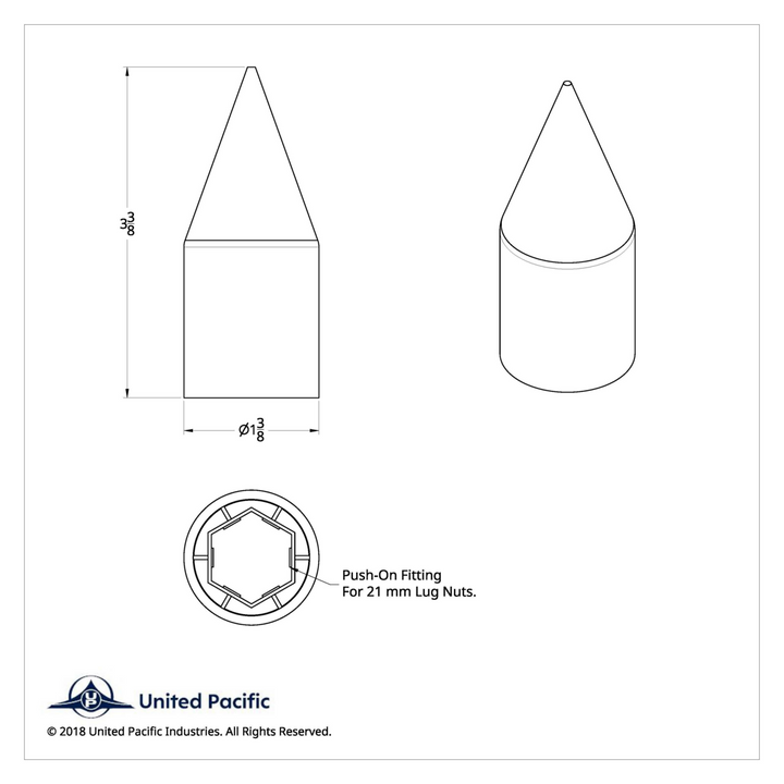 21 mm x 3 3/8" Push-On Chrome Spike Lug Nut Cover for 1999-2004 Ford F-150 United Pacific 10718B