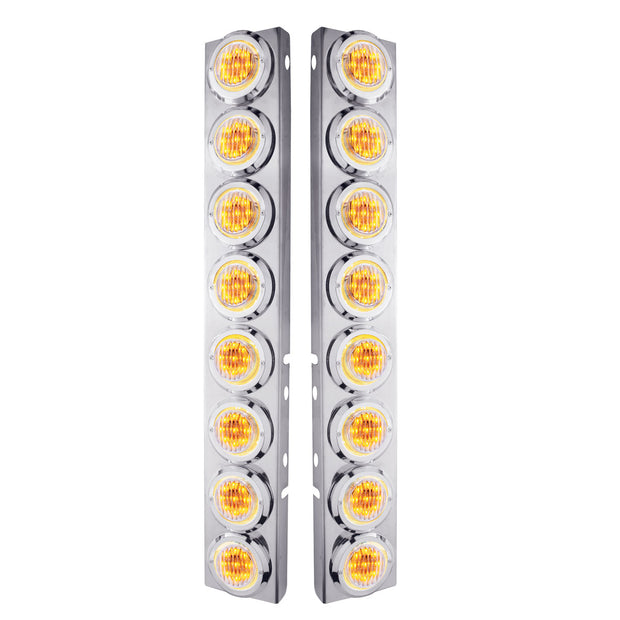 SS Front Air Cleaner Bracket With 16X 9 LED 2" Lights & Bezels For Peterbilt-Amber LED/Clear Lens