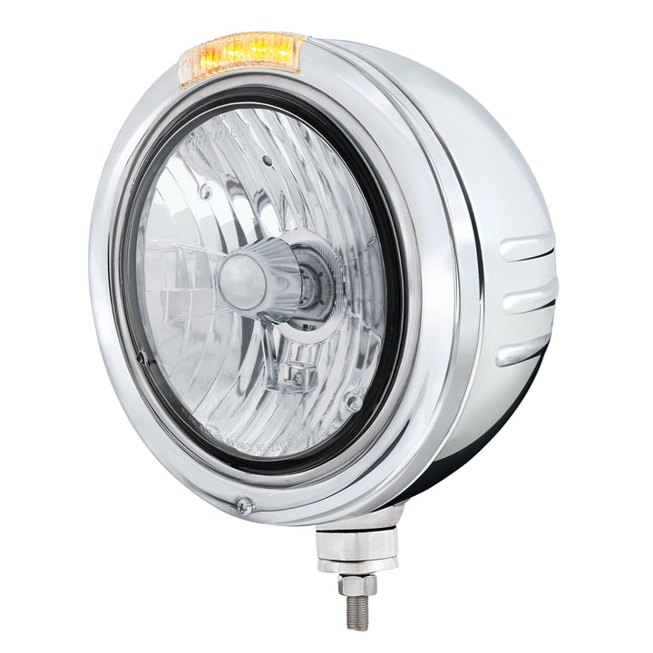 Stainless Steel Bullet Embossed Stripe Headlight Crystal H4 &amp; Dual Mode LED Signal-Clear Lens