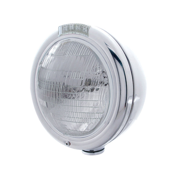 Stainless Steel Classic Headlight 6014 Bulb & LED Turn Signal - Clear Lens