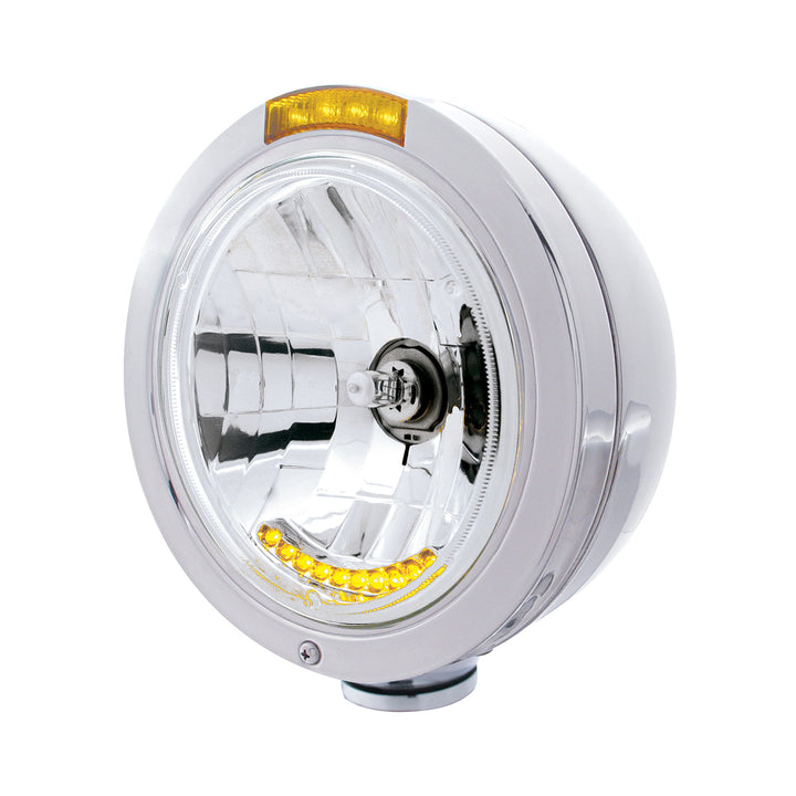 Stainless Steel Bullet Classic Headlight H4 With 10 Amber LED &amp; Dual Mode LED Signal - Amber Lens