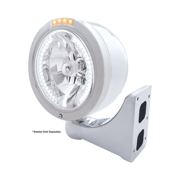 Stainless Steel Bullet Half Moon Headlight H4 With White LED & Signal - Clear Lens