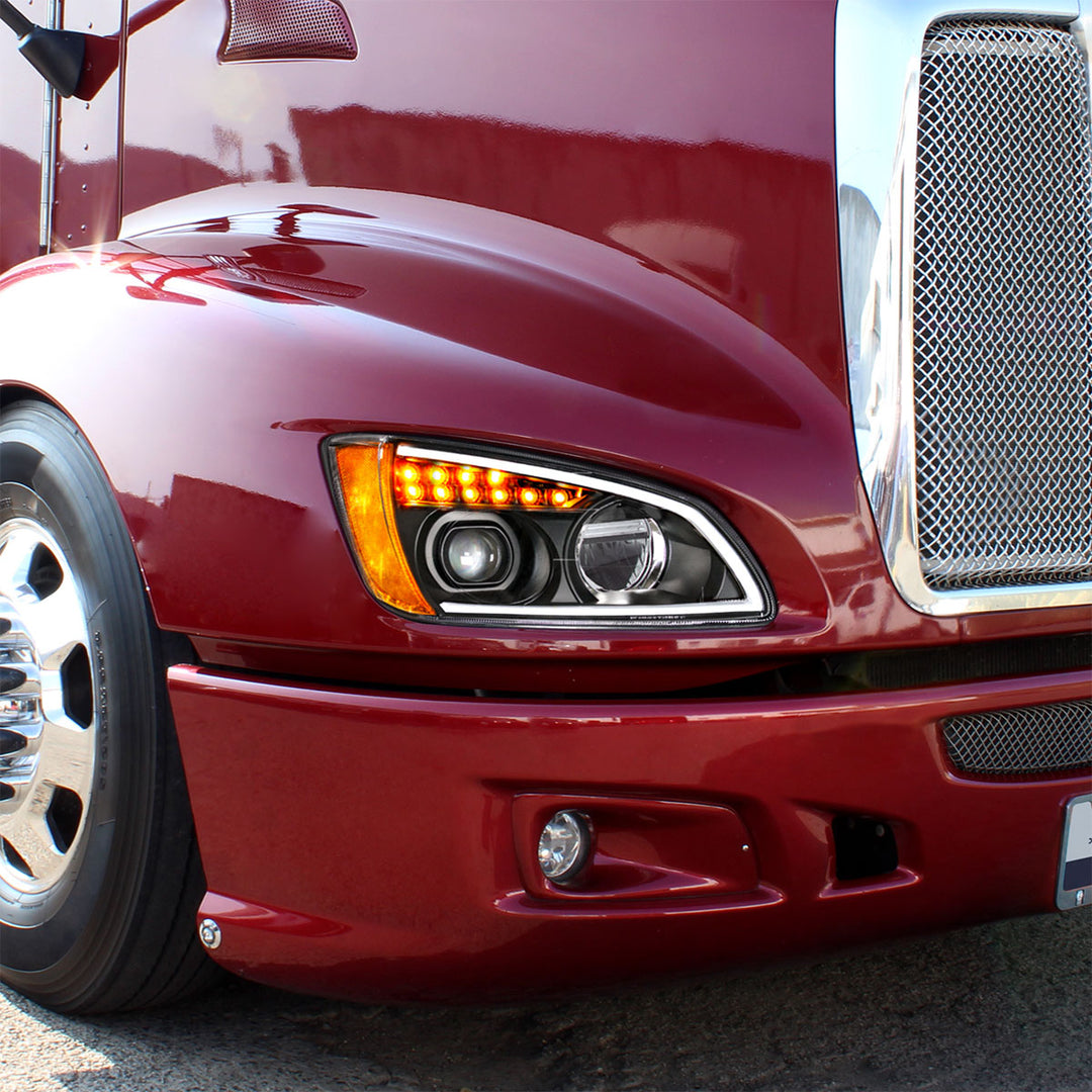 Black Full LED Projection Headlight With Turn Signal &amp; Position Light Bar For 2008-2017 Kenworth T660 - Passenger