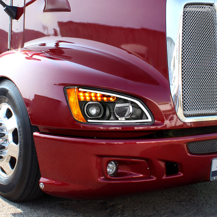 Black Full LED Projection Headlight With Turn Signal &amp; Position Light Bar For 2008-2017 Kenworth T660 - Passenger