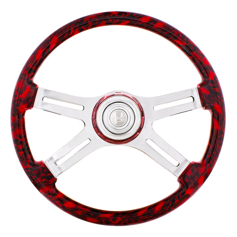 18" 4 Spoke Skull Steering Wheel With Matching Skull Horn Bezel - Red