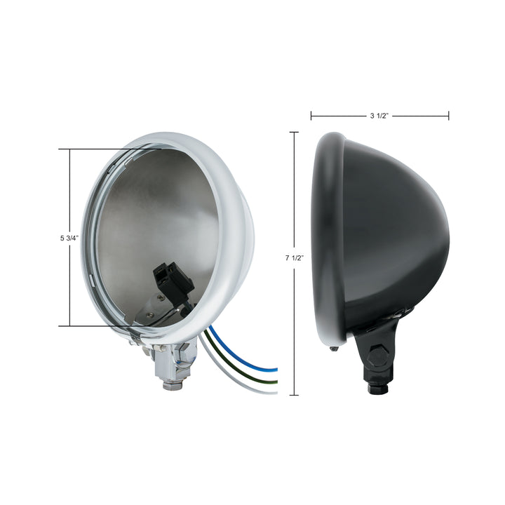 Black 5-3/4" Motorcycle Headlight Housing Only - Bottom Mount
