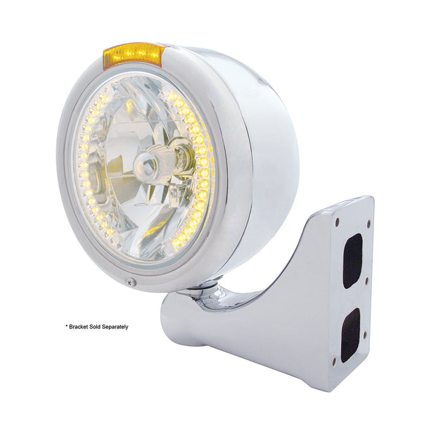Stainless Steel Classic Half Moon Headlight H4 With Amber LED & Signal - Amber Lens
