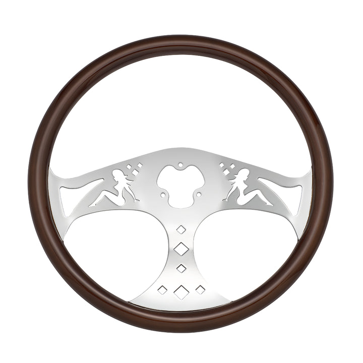 18" Lady Steering Wheel With Chrome Horn Bezel And Horn Button - Woodgrain