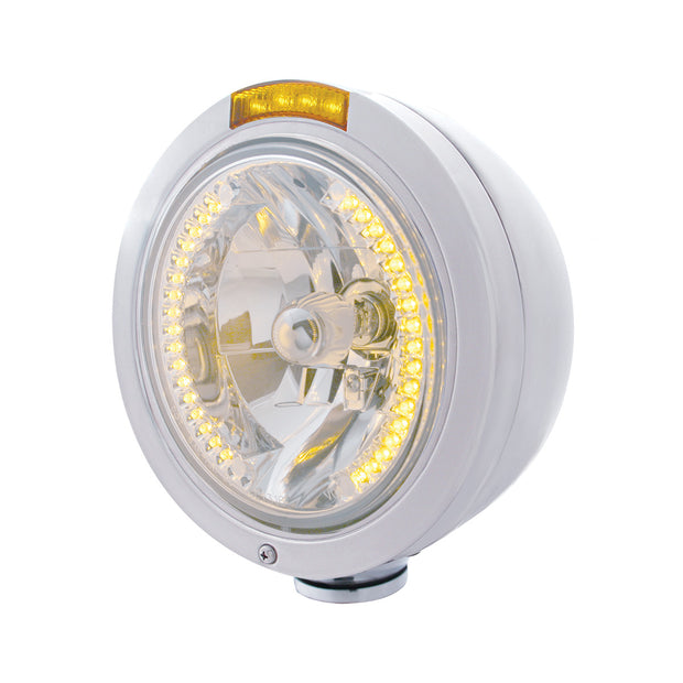 Stainless Steel Bullet Classic Headlight H4 With Amber LED & Signal - Amber Lens