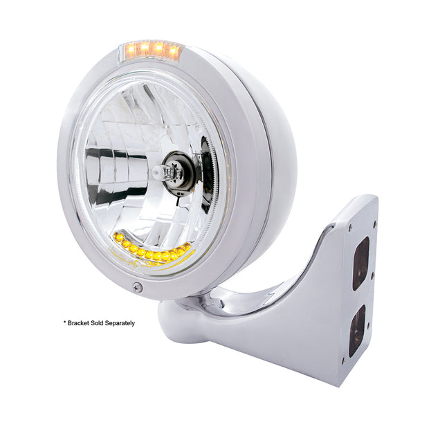 Stainless Steel Bullet Classic Headlight H4 With 10 Amber LED & Dual Mode LED Signal - Clear Lens