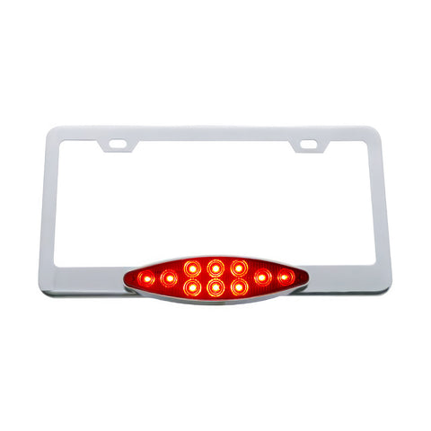 Chrome License Plate Frame With 10 LED Cats Eye Light - Red LED/Red Lens