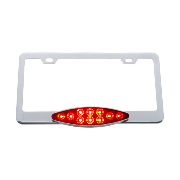 Chrome License Plate Frame With 10 LED Cats Eye Light - Red LED/Red Lens