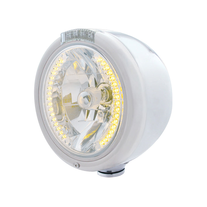 Stainless Steel Classic Half Moon Headlight H4 With Amber LED &amp; Dual Mode LED Signal-Clear Lens