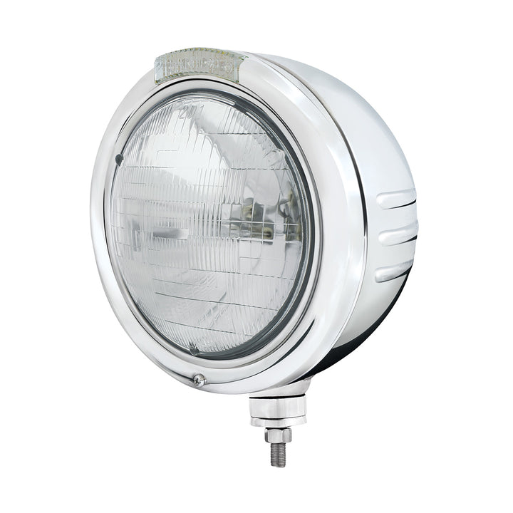 Stainless Steel Classic Embossed Stripe Headlight H6024 &amp; Dual Mode LED Signal-Clear Lens