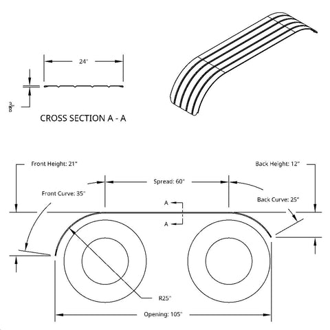 120" 430 Stainless Steel (16ga) Beaded Edge Ribbed Full Fender 60" Spread - SR Series (Pair)
