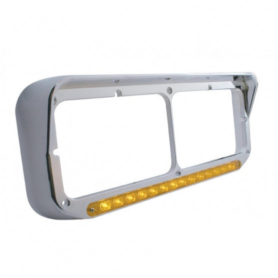 14 LED Chrome Rectangular Dual Headlight Bezel With Visor - Amber LED/Amber Lens
