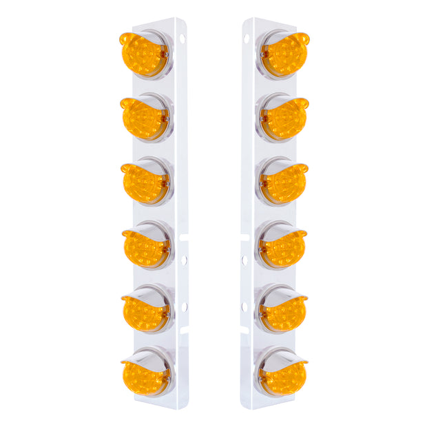 SS Front Air Cleaner Bracket With 12X 17 Amber LED Dual Function Reflector Lights & SS Visors For Peterbilt-Amber Lens