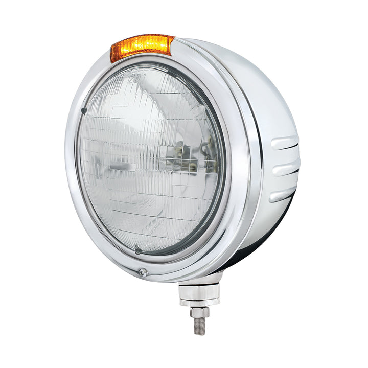 Stainless Steel Bullet Embossed Stripe Headlight H6024 &amp; Dual Mode LED Signal - Amber Lens