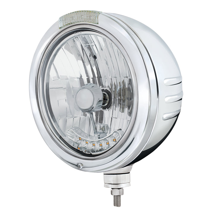 SS Bullet Embossed Stripe Headlight Housing &amp; H4 With 6 Amber LEDs &amp; Dual Mode LED Signal -Clear Lens