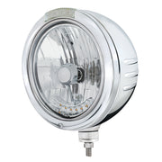 SS Bullet Embossed Stripe Headlight Housing & H4 With 6 Amber LEDs & Dual Mode LED Signal -Clear Lens