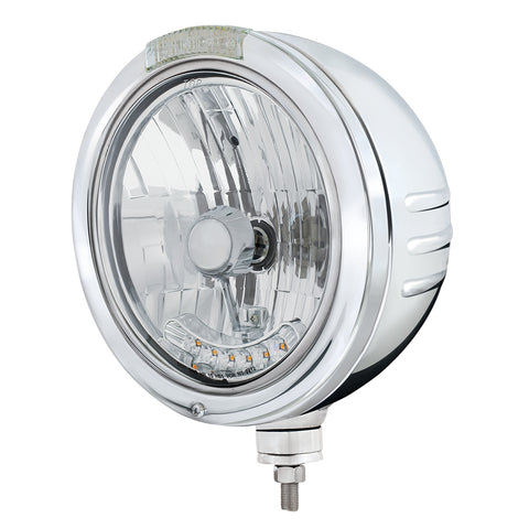 SS Bullet Embossed Stripe Headlight Housing & H4 With 6 Amber LEDs & Dual Mode LED Signal -Clear Lens