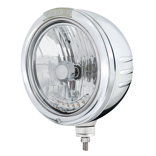 SS Bullet Embossed Stripe Headlight Housing & H4 With 6 Amber LEDs & Dual Mode LED Signal -Clear Lens