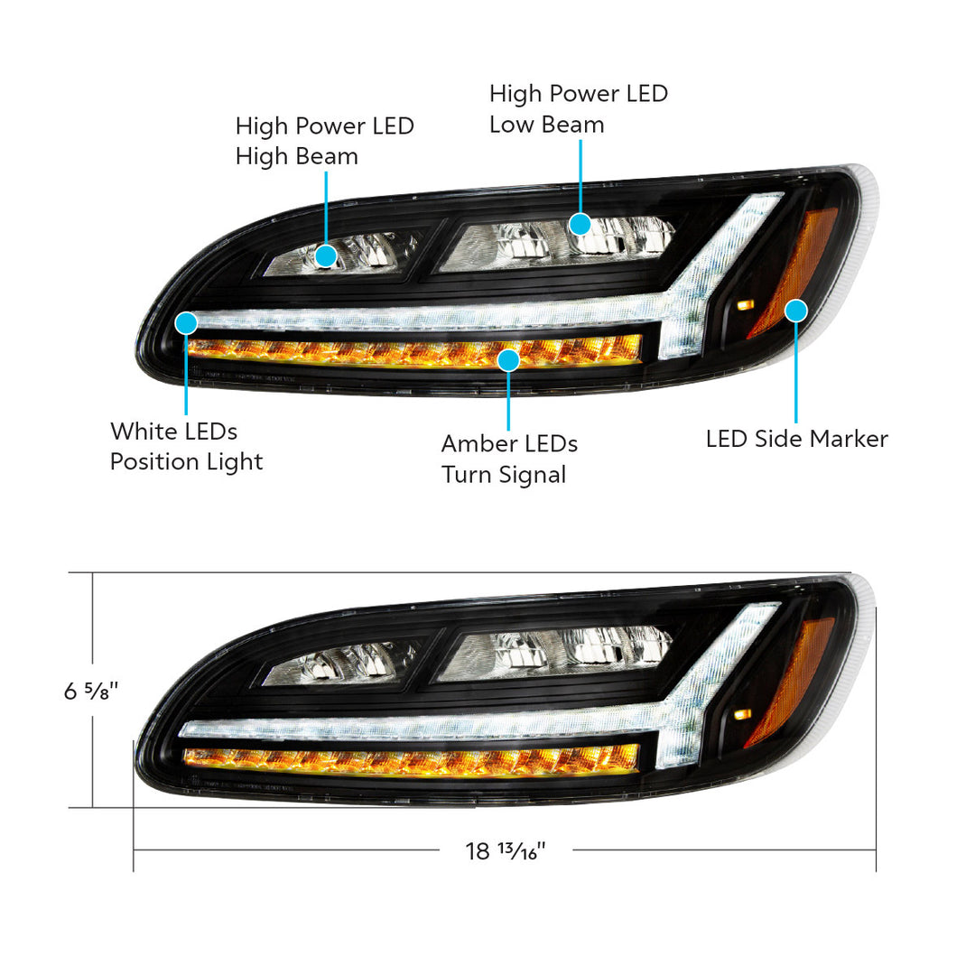 Blackout 6 LED Headlight For Peterbilt 386 (2006-2016) &amp; 387 (2000-2011)- Driver
