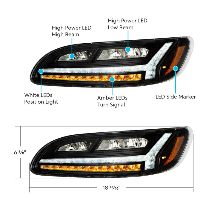 Blackout 6 LED Headlight For Peterbilt 386 (2006-2016) &amp; 387 (2000-2011)- Driver