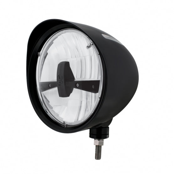 Black "Billet" Style Groove Headlight With Visor 5 LED Bulb - Blackout