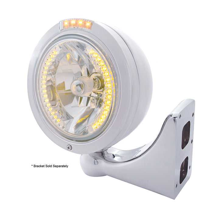 Stainless Steel Bullet Classic Headlight H4 With Amber LED &amp; Dual Mode LED Signal - Clear Lens