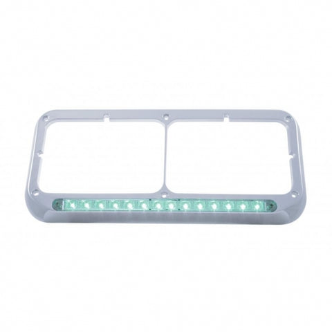 14 LED Chrome Rectangular Dual Headlight Bezel - Green LED/Clear Lens