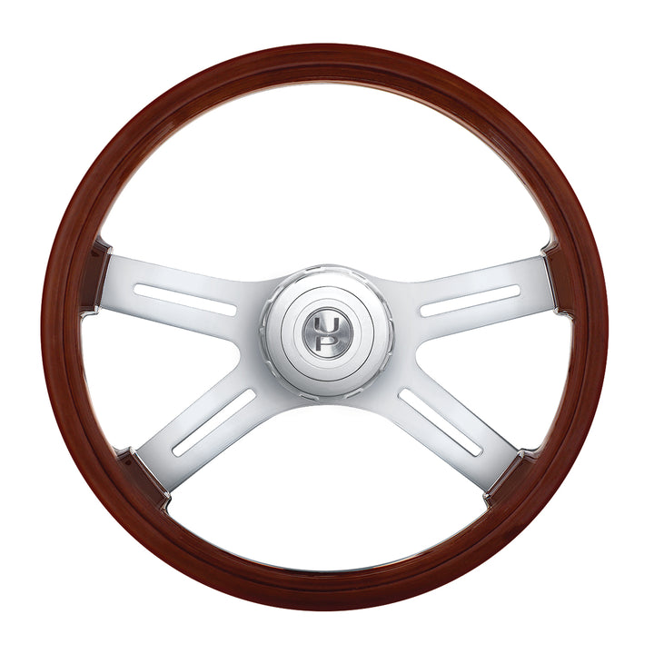 18" 4-Spoke Style Wood Steering Wheel With Hub &amp; Horn Button Kit For Peterbilt (2006+) &amp; Kenworth (2003+)