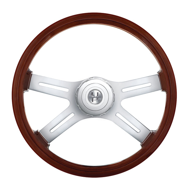18" 4-Spoke Style Wood Steering Wheel With Hub & Horn Button Kit For Peterbilt (2006+) & Kenworth (2003+)