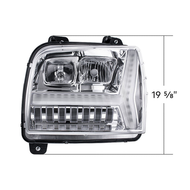 Chrome Headlight With LED DRL Light Bar & Turn Signal For 2018-2024 Kenworth W990-Driver