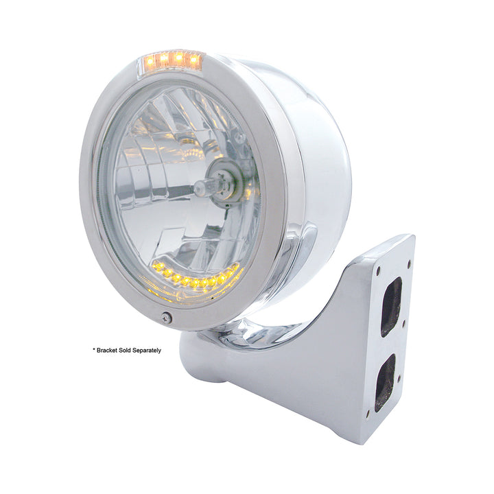 Stainless Steel Bullet Half Moon Headlight H4 With 10 Amber LED &amp; Signal - Clear Lens