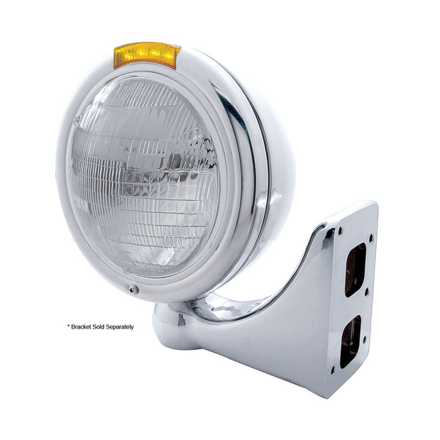 Stainless Steel Classic Headlight 6014 Bulb & LED Turn Signal - Amber Lens