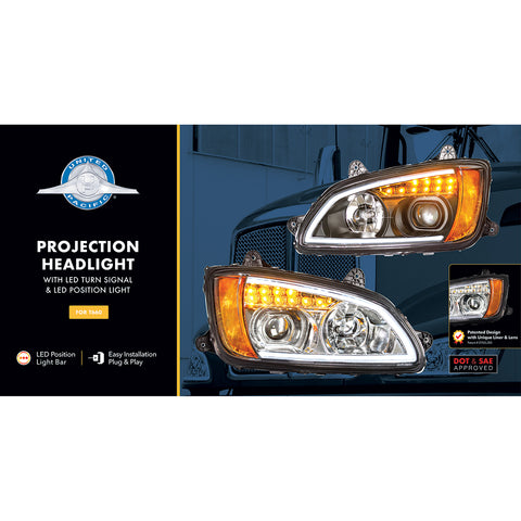Chrome Projection Headlight With LED Turn Signal & Position Light For 2008-2017 Kenworth T660 - Driver