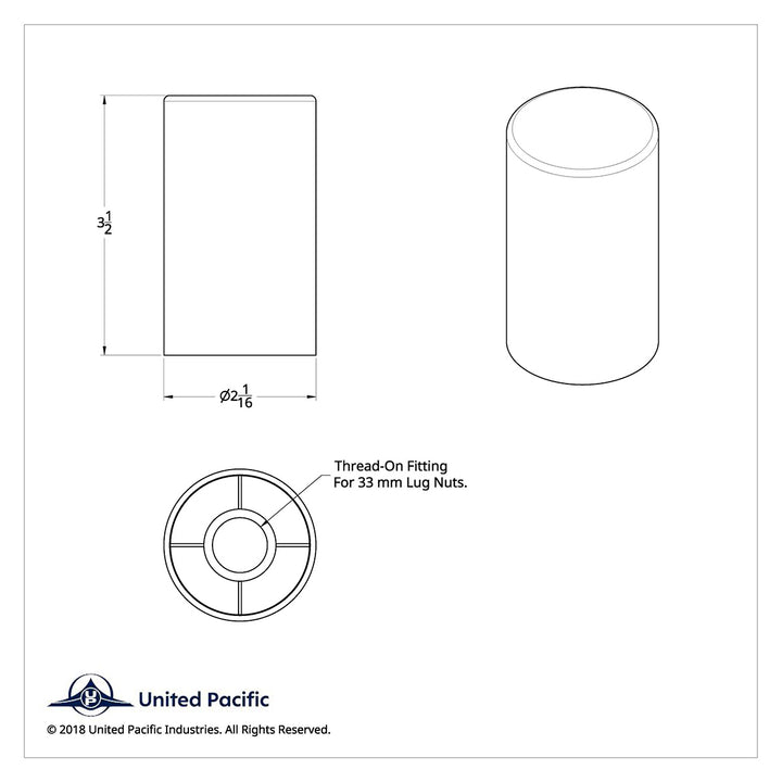 33mm x 3-1/2" Chrome Plastic Cylinder Nut Covers - Thread-On Pack of 10 United Pacific 10013