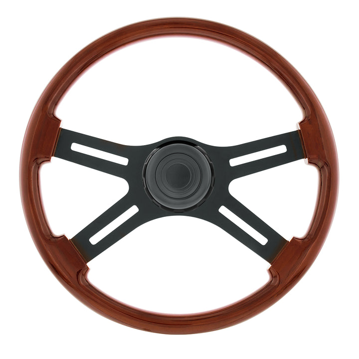 18" Matte Black 4 Spoke Steering Wheel With Horn Bezel &amp; Button-Wood Grain