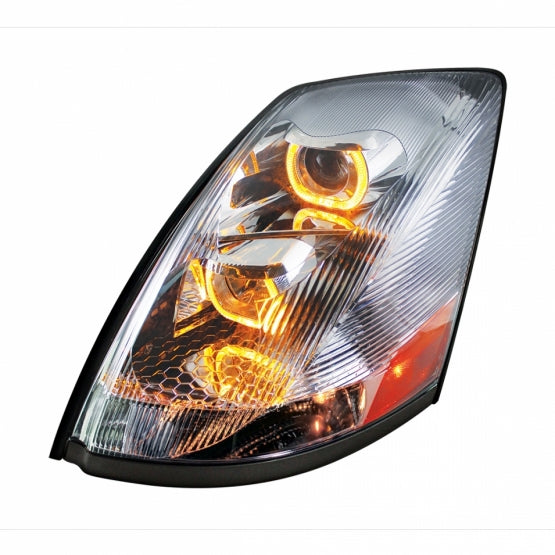 Chrome Projection Headlight With Amber LED Light Bar For 2003-2017 Volvo VN/VNL - Driver