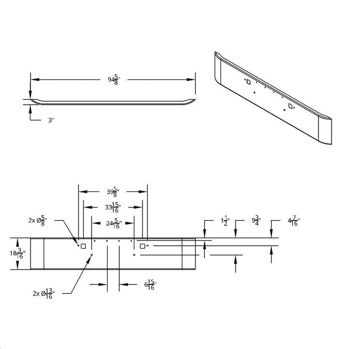 SS Clad Aluminum Bumper For 2008-2023 Peterbilt 389 - Curved Ends