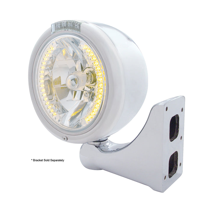 Stainless Steel Classic Half Moon Headlight H4 With Amber LED &amp; Dual Mode LED Signal-Clear Lens