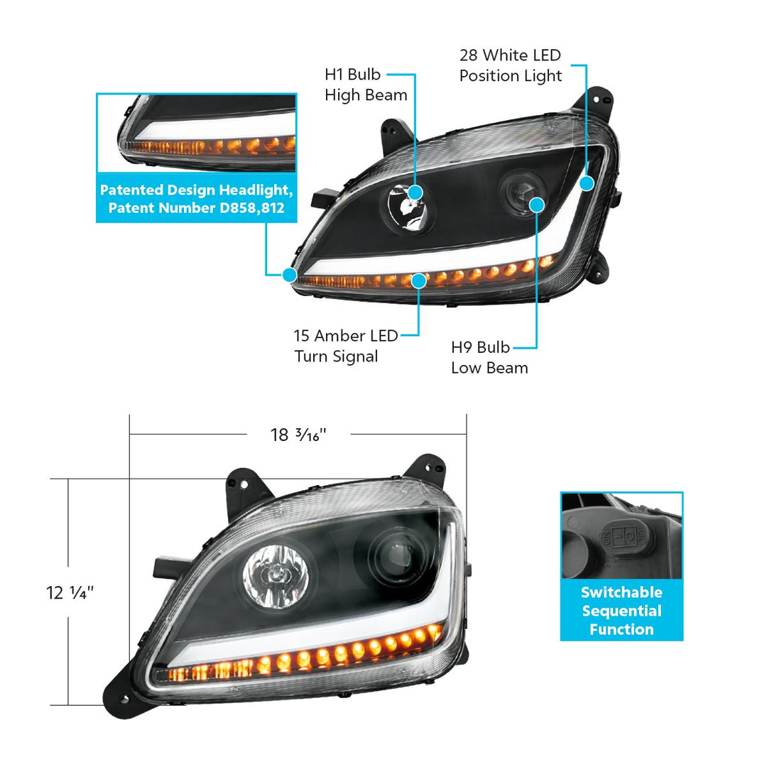Black Projection Headlight With LED Position &amp; Sequential Signal For 2012-2021 Peterbilt 579- Driver