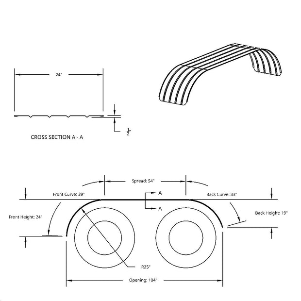 126" 430 Stainless Steel (18ga) Beaded Edge Ribbed Full Fender  54" Spread - SR Series (Pair)