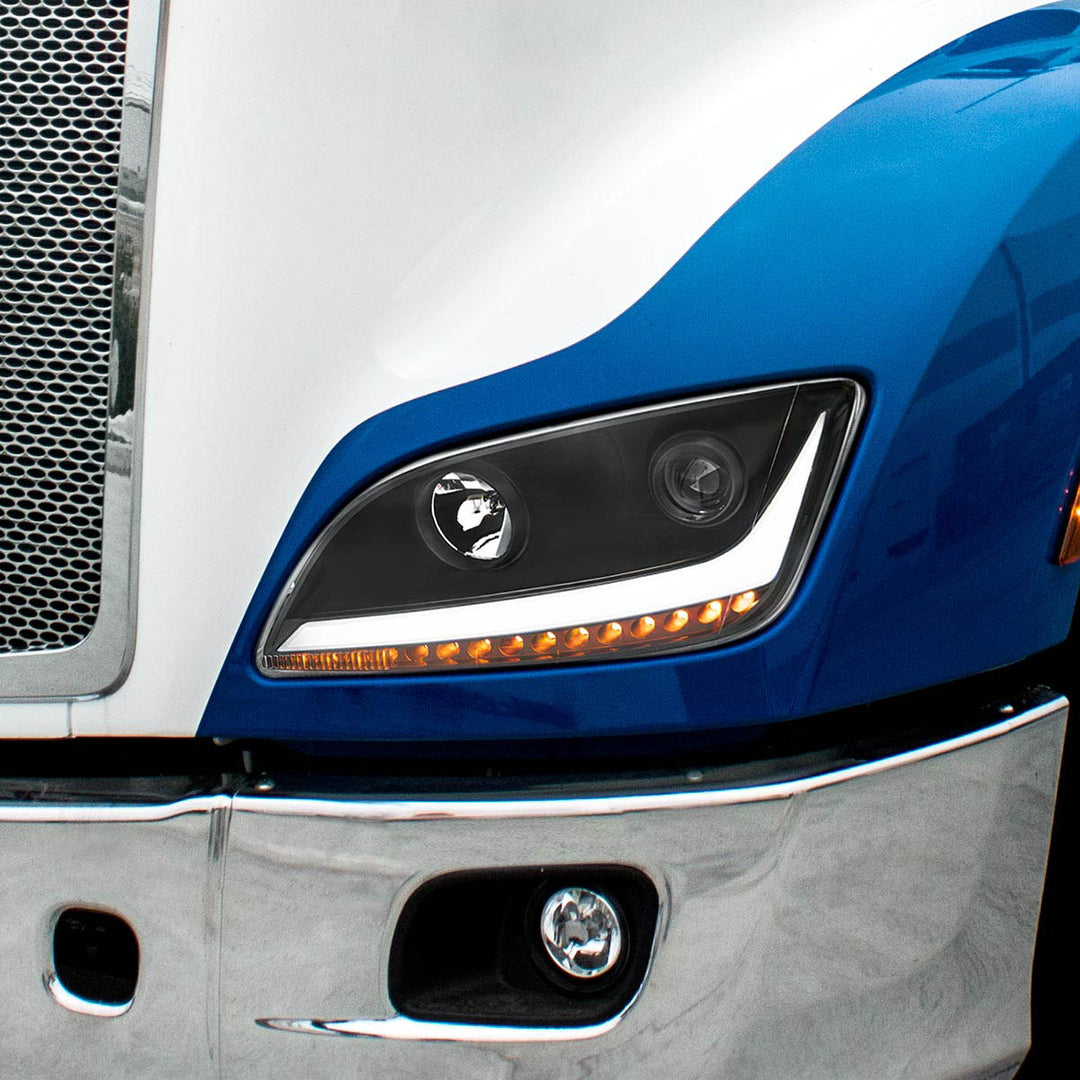 Black Projection Headlight With LED Position &amp; Sequential Signal For 2012-2021 Peterbilt 579- Driver