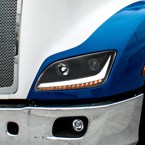 Black Projection Headlight With LED Position & Sequential Signal For 2012-2021 Peterbilt 579- Driver